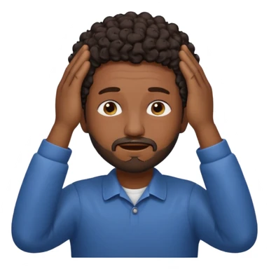 Emoji of a frustrated man with short dark curly hair and a short beard, eyes tightly closed and eyebrows furrowed.
Both hands raised near his head in frustration, clean rounded emoji style, soft gradients, plain background. sticker