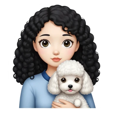 Asian girl with slim body, small face, big eyes, slightly curly black hair is holding a slightly fat white poodle sticker