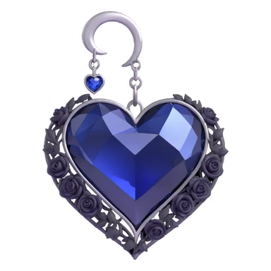 3D emoji gothic heart, midnight blue crystal texture, silver crescent moon charm, tiny black roses sticker