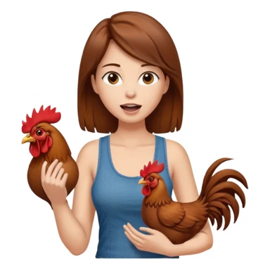 Kneeling Brown hair enormous boobs Woman open mouth tank top, wearing jeans touching one rooster sticker