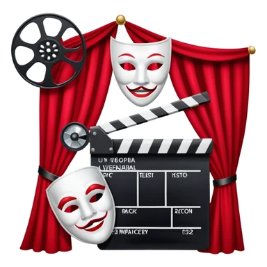 Icon for Acting in Theatre and cinema: a stage with curtains, a theater mask, a film camera and a clapperboard. The design should represent theatrical performance and acting techniques. Transparent background. sticker