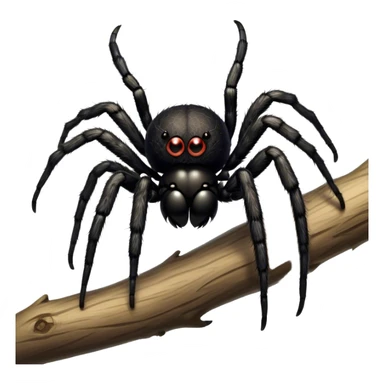 Large black fluffy spider with a big round abdomen and short hairy legs sitting on a branch. Detailed texture of the spider’s fur and body. Transparent background. sticker