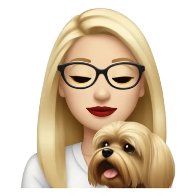 White girl, blonde hair, eyes closed, red lipstick wearing glasses hugs Yorkshire terrier  sticker