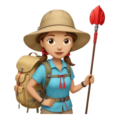 Middle aged women, long brown ponytail with wide brim hiking hat. With backpack and trekking poles. Backpack has a scallop shell with the cross of saint james hanging from it.  Remove the cross and add a scallop shell on a red string hanging from the backpack  sticker