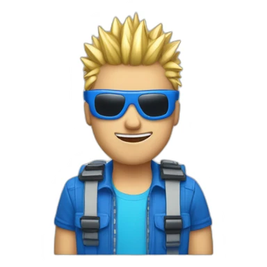 guy with blonde spiked hair, motherboard visor, blue supreme shirt and wink-blink face sticker