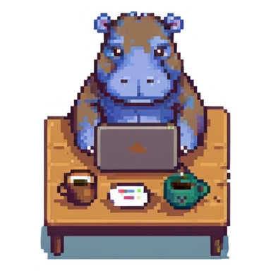 A cartoon hippo sitting at a laptop, drinking coffee, pixel art style, retro gaming vibe sticker