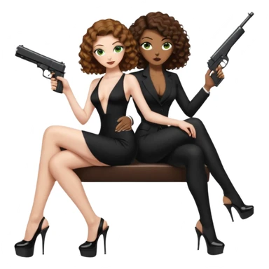 Sensual woman green eyes woman only brown long curly hair evil,with 7 inch platform stripper high heels long low cut black dress,and a gun, she is sitting on a buzz cut hair brown man's pimp lap, holdingwomans butt man is wearing a black suit sticker