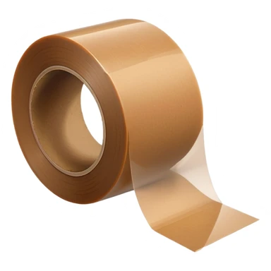 wide roll of brown packing tape with glossy semi-transparent surface and thick cardboard core, one end slightly peeled back, angled for depth, no box or dispenser, apple emoji style, soft lighting, subtle shadows, emoji scale sticker