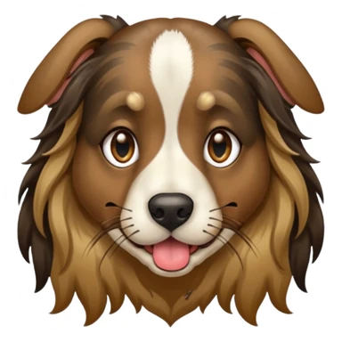 dog face with long black+brown brindle coat and bridge of nose. ears stand up w/ tips folded down. make eyes light brown-ish gold. widen tongue and add dark splotch. keep mane long.  sticker