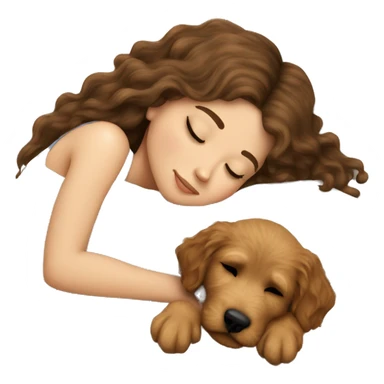 White girl straight  brown hair sleeping with golden doodle puppy  sticker