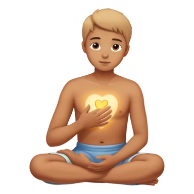 A person sitting still with their hand gently placed on their chest. A soft, warm light begins to emerge from within.  faint, blurred images of childhood moments float in the air, still distant slowly clearer as they focus on present sticker