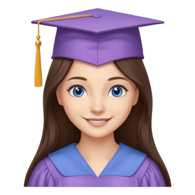 young brunette girl long hair, blue eyes and lilac gown and cap university graduate sticker