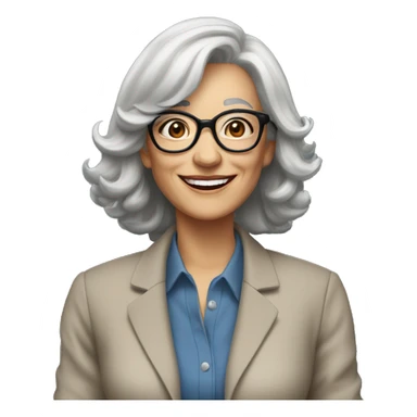 Woman in her 60s, with salt and pepper hair, pale skin, glasses, brown eyes, smiling wearing a blazer, collared shirt,  jeans sticker