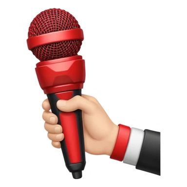 hand holding black stage microphone with red strip on bottom sticker