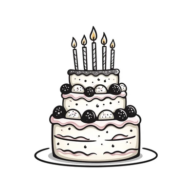 Decorated cake with multiple layers, frosting, and decorative elements. Using specific pastel colors (dd9fb0, ffc6d3, a3bfc9, c4bee2, f1b091). Hand-drawn doodle style with intricate details of icing, sprinkles, and possibly candles or berries. Transparent background. sticker