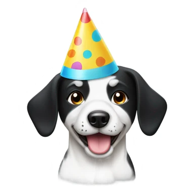 White and black dog wearing a birthday hat sticker