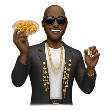 A black man waving with gold jewelry and sunglasses while eating chicken sticker