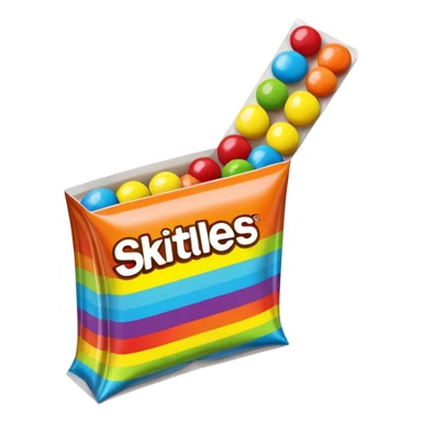 An extremely minimalist Skittles package, simple rainbow stripe design with a few green candies. Very clean and simplified. sticker