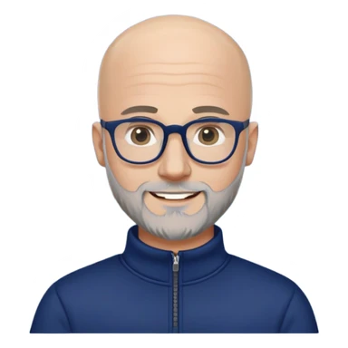 Caucasian man with skin fade haircut (bald on sides fading to short on top), short beard with gray streaks, large black eyeglasses, cheerful expression, navy blue long sleeve sweatshirt with quarter zip sticker