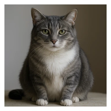 Make the cat in the reference image look more adult-like (not a kitten), a little skinnier, with medium fur length. Keep the grey top, white belly, partly grey and white legs, and white streak up the nose. Render in a realistic style with a gentle expression. sticker