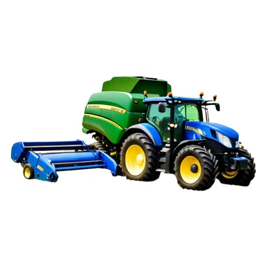 Baler – New Holland Roll-Belt 560 (2018) – Cinematic-realistic John Deere 6155M tractor towing a New Holland Roll-Belt 560 baler, its deep green body contrasting with the bright blue baler. The massive machine moves steadily through golden fields, compressing freshly cut hay into tight round bales, while dust swirls under the blazing afternoon sun. sticker