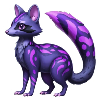 Obsidian-onyx-black fur base coat with glowing-neon-purple markings and patterns, shiny blind eyes, magical fantasy-Genet-Sentret-Marsupial-Possum-Vernid-Sergal-Fakémon-hybrid, by LiLaiRa-griffsnuff, full body sticker