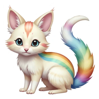  cute adorable white albino fur with random colorful iridescent rainbow markings beautiful elegant pretty precious cute  Fakémon-Pokémon-opossum-feline-serval-caracal-chinchilla-Minccino-hybrid-creature with a big fluffy bushy striped tail (full body) sticker