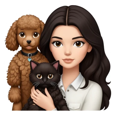 Kendall Jenner with long dark hair, holding a brown poodle and a black and white cat sticker
