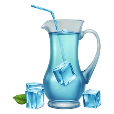 transparent jug of water filled halfway with blue water and three ice cubes floating. beside the jug an additional brown rounded cup filled with green yerba inside and a silver straw sticking out. sticker
