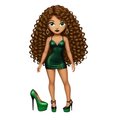 Half naked green eyes brown long curly hair woman, gang drug lord mafia boss style with 7 inch platform stripper high heels black glitter dress sticker