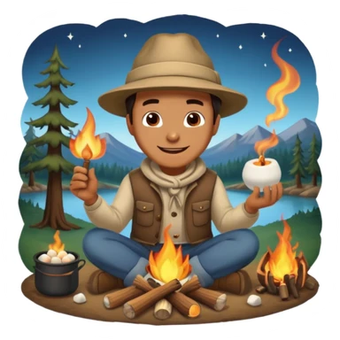A man roasting marshmallows over the campfire with a warm grin. sticker