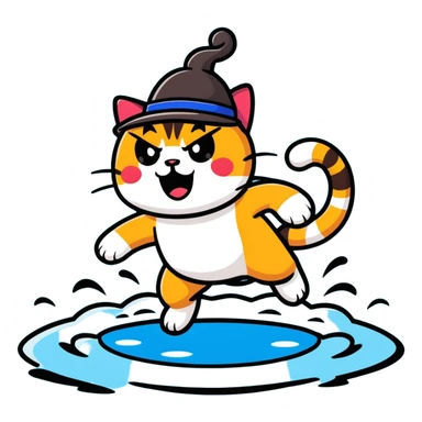angry cat with a hat jumping into a lake sticker