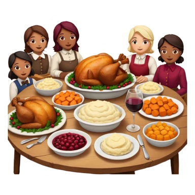 Thanksgiving Dinner with 10 people of different skin color around the table; have the food be a cooked turkey, mashed potatoes, corn, a basket of biscuits, a small bowl of cranberry sauce, baked yams, steamed vegetables, and a bottle of wine. sticker