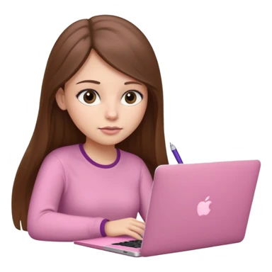 Chica lacia peli larga y peli larga  en una MacBook rosa investigando y haciendo tareas con un libro de apuntes y con cara muy linda como modelo sticker