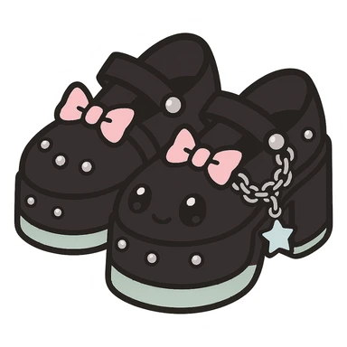 Add silver studs and chains to the primarily black kawaii gothic shoes with pink and pastel accents, no socks, no hearts, transparent background sticker