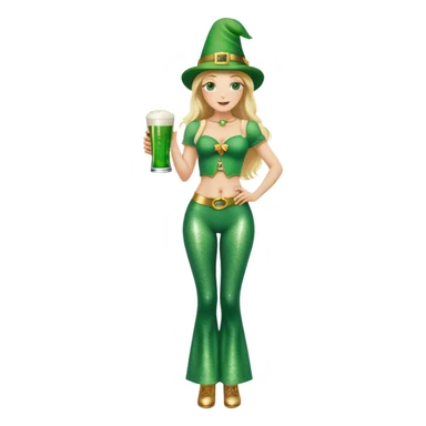 Blonde haired pretty woman with freckles glittery green bell bottoms and tall leprechaun hat holding a green beer sticker
