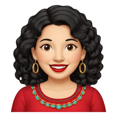 40 yr old Mexican woman, slightly chubby, wavy/curly long black hair, red lipstick, big smile, white teeth, brown eyes, hoop earings, side part to hair, round face, nice blouse, no wrinkle hair side swept, big hoop earing sticker