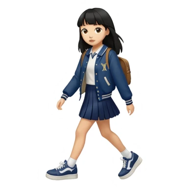 hair : black long hair with fringe 
skin : light 
outer : deep brown varsity jacket (oversize) 
skirt : navy long long school girl skirt (under knee)  
motion : walking alone 


 sticker