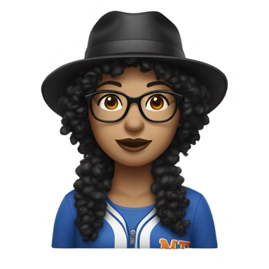 fair skinned woman with black curly hair and Mets hat and glasses sticker