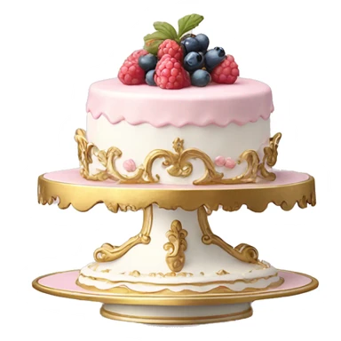 aesthetic vintage rococo cake with white icing, pale pink icing, berries on a gold and white ceramic plate stand  sticker