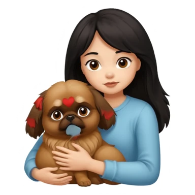 black hair girl hugging brown pekingese dog that looks a little bit like brown gremlin sticker