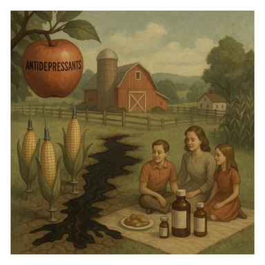 tranquil farm with apples labeled as antidepressants, corn cobs as syringes, oil-bleeding soil, a family picnics oblivious as their meal slowly becomes pharmaceutical bottles, serene scene with subtle horror undertone sticker