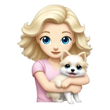 Blond girl white skin blue eyes hugging white Pomeranian with light pink bow sticker