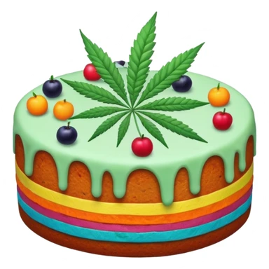 colorful frosted fruit cake with cannabis leaf sticker