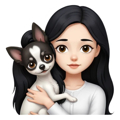 Fair skin girl - long black hair - white clothes - hugging a black long hair chihuahua sticker