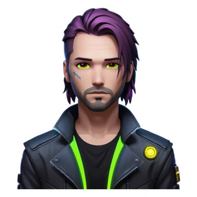 Jony Silverhand from Cyberpunk 2077, cityscape with neon lights, close-up portrait sticker