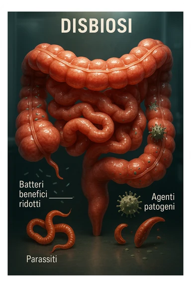 Immagine verticale, realistica e cinematografica in italiano: intestino umano con disbiosi, batteri benefici ridotti, parassiti e agenti patogeni evidenziati, atmosfera clinica, luci drammatiche, didascalie in italiano, 2:3. sticker