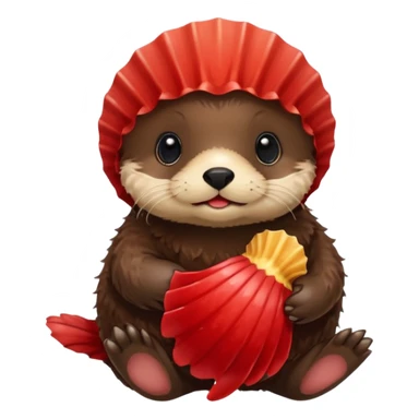 baby sea otter pup holding a red scallop shell sticker