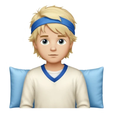 Create a look for a blond boy with long, tousled hair, light eyes, a white sweater, a wealthy appearance, blue eyes, and accessories like a Rolex or Cartier watch, and a cute face with messy hair down. blue eyes + headband white + pajama sticker