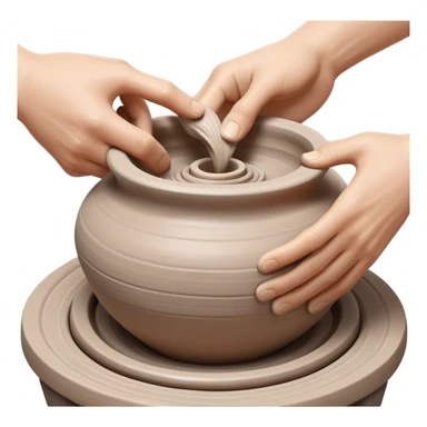 Two hands shaping a clay vessel on a silver pottery wheel, one hand inside and one hand outside the vessel, clean and focused view with no splashing clay sticker